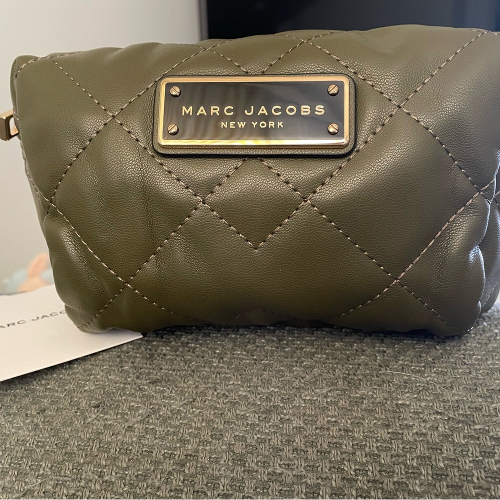 Marc Jacobs Quilted Olive Green Cosmetic Pouch with Gold Plaque